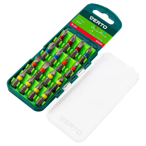 Csavarhúzó bitkészlet , 16 db, 25mm - 3 x PH, 3 x PZ, 4 x SL, 6 x TORX (CrV) | VERTO 66H600