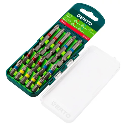 Csavarhúzó bitkészlet , 15 db, 25mm - 3 x PH, 3 x PZ, 4 x TORX + 50mm - 3 x PH, 2 x PZ (CrV) | VERTO 66H602